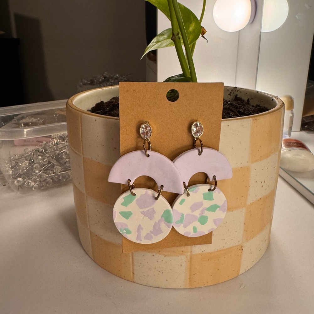 Handmade Polymer Clay Dangle Earrings in Lavender + Mint Terrazzo